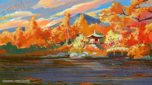 油画风景油画背景秋天古楼亭桥唯美插画图片 千库网