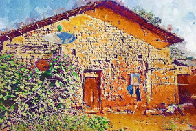 农村建筑油画
