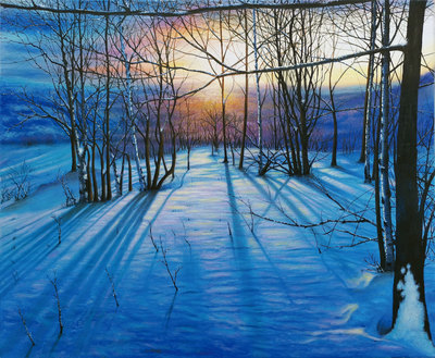 原创油画风景作品《雪原落日》