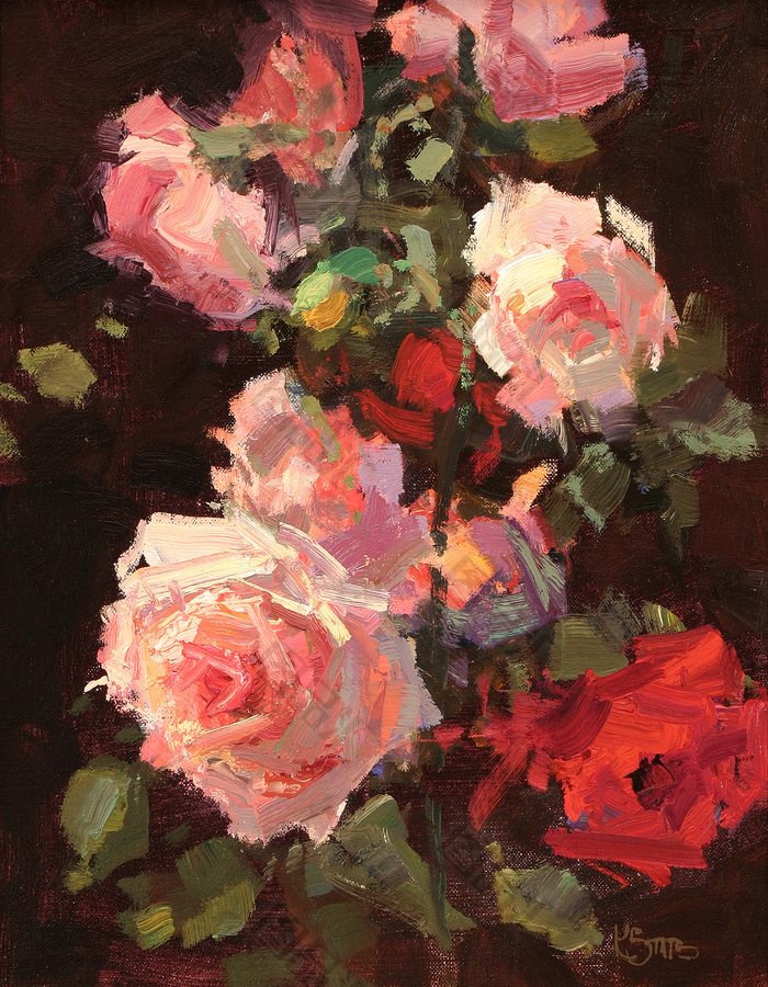 粉色笔触玫瑰油画素材