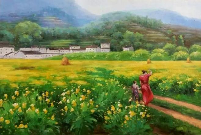 农村风景人物油画