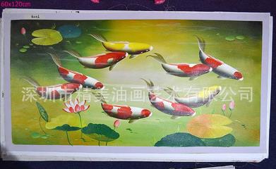 现货纯手绘60x120九鱼图 卧室客厅餐厅现代装饰油画 精美