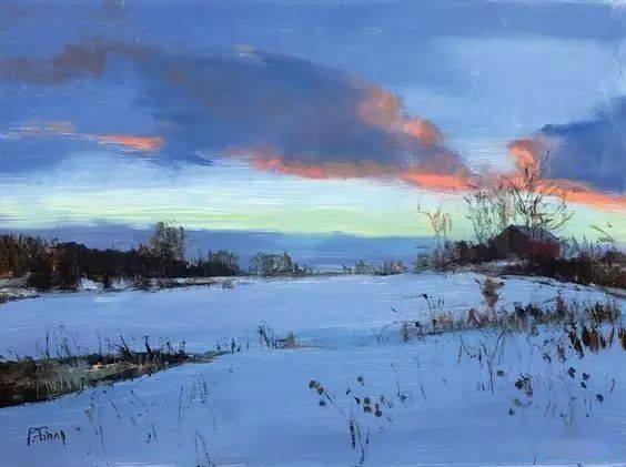 美国油画家,冬日夕阳雪暖 油画